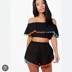 Plunge higg waisted black swim/bathing suit & neon pom pom fringe boho coverup
